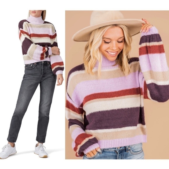 LOUNA Cropped Striped Fuzzy Knit High Mock Neck Long Balloon Sleeves Sweater XL - Picture 3 of 10